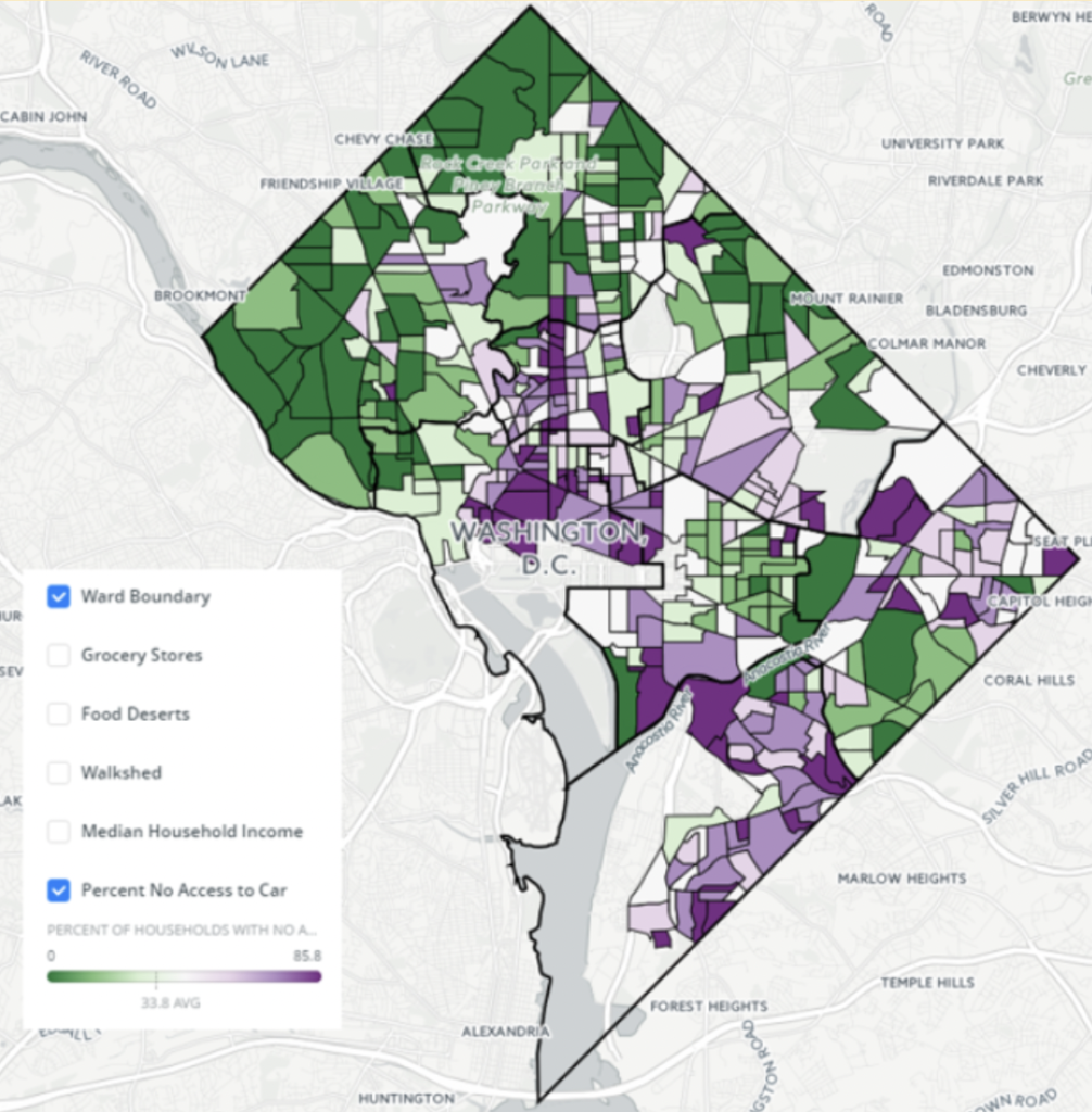 food desert areas in DC with areas of low car access