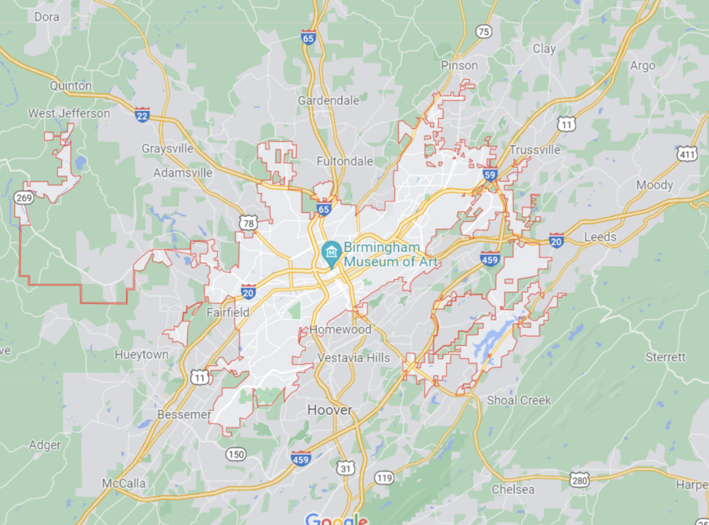 zoomed-in view of food deserts in Birmingham